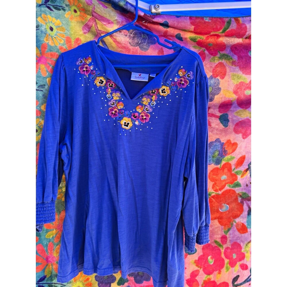 Quacker Factory by Jeanne Bice Blouse Womens 2X Blue Floral V-Neck 3/4 Knit